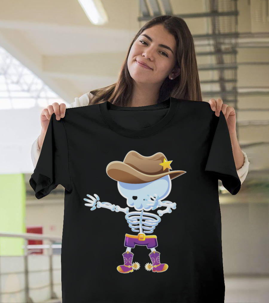 Halloween Dabbing Skeleton Cowboy Hat Boots T-Shirt