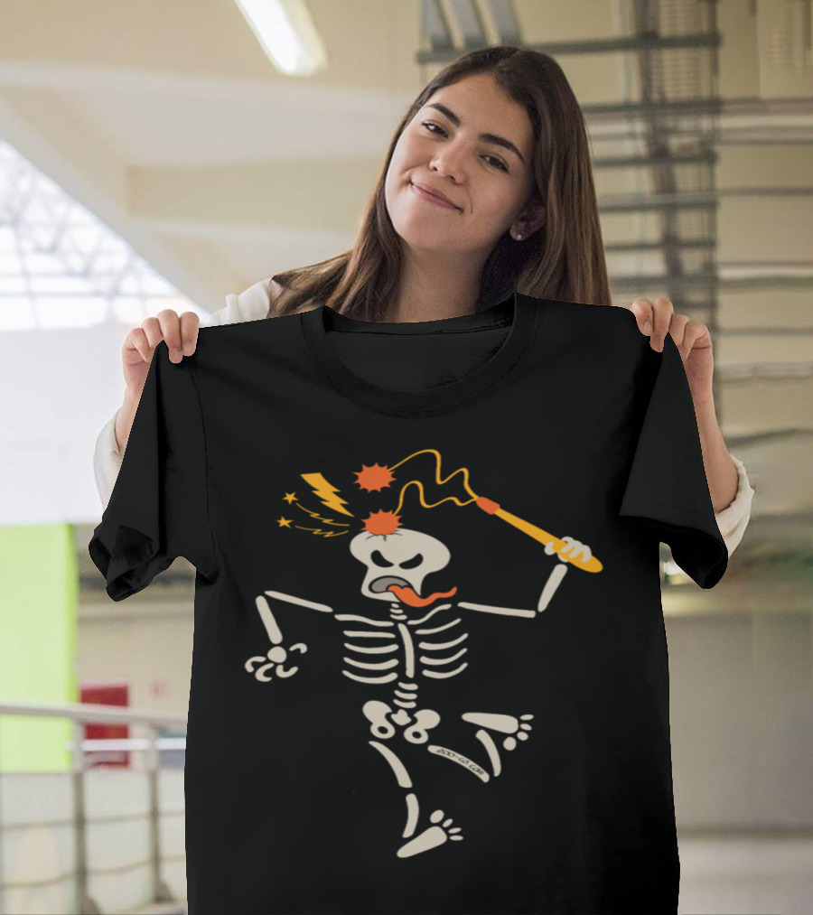 Skeleton Breaking Skull With Ball and Chain Flail Energized Cartoon T-Shirt