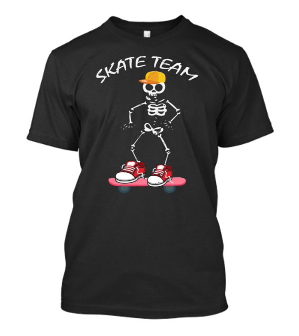 Skate Team Skeleton On Skateboard With Red Sneakers And Yellow Hat T-Shirt