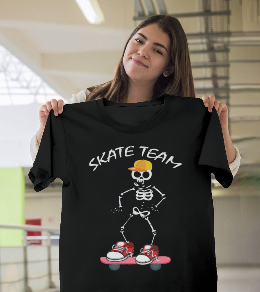 Skate Team Skeleton on Skateboard with Red Sneakers and Yellow Hat T-Shirt