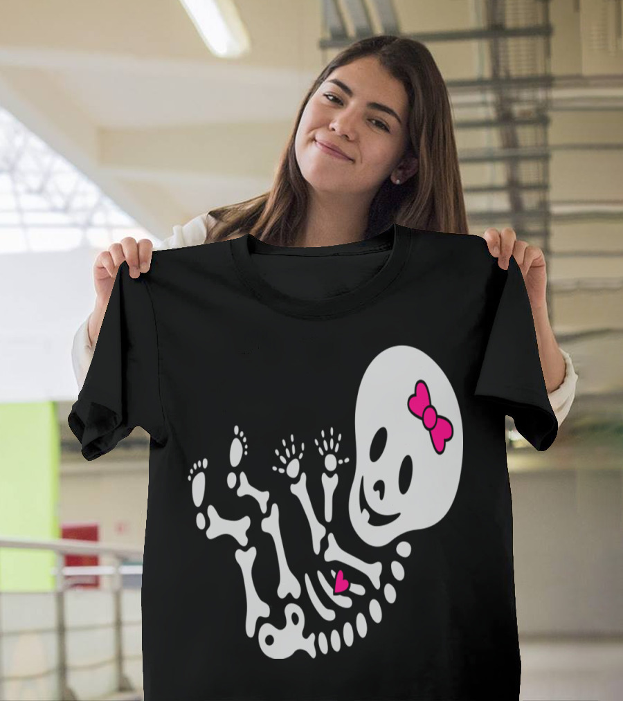 Maternity Girl Skeleton Baby with Pink Bow and Heart T-Shirt