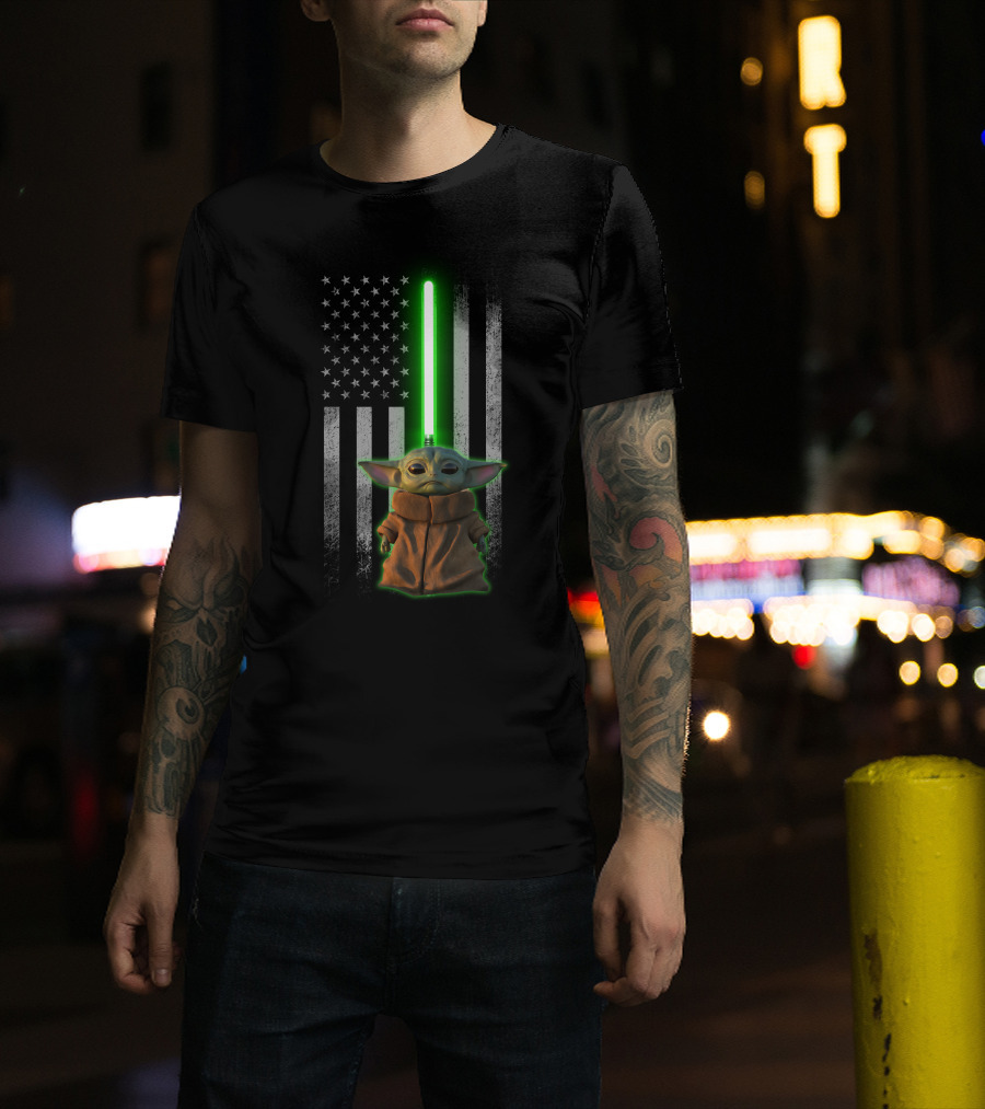 Baby Yoda Lightsaber American Flag Background T-Shirt