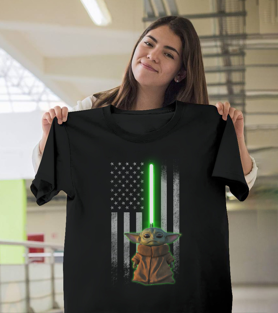 Baby Yoda Lightsaber American Flag Background T-Shirt