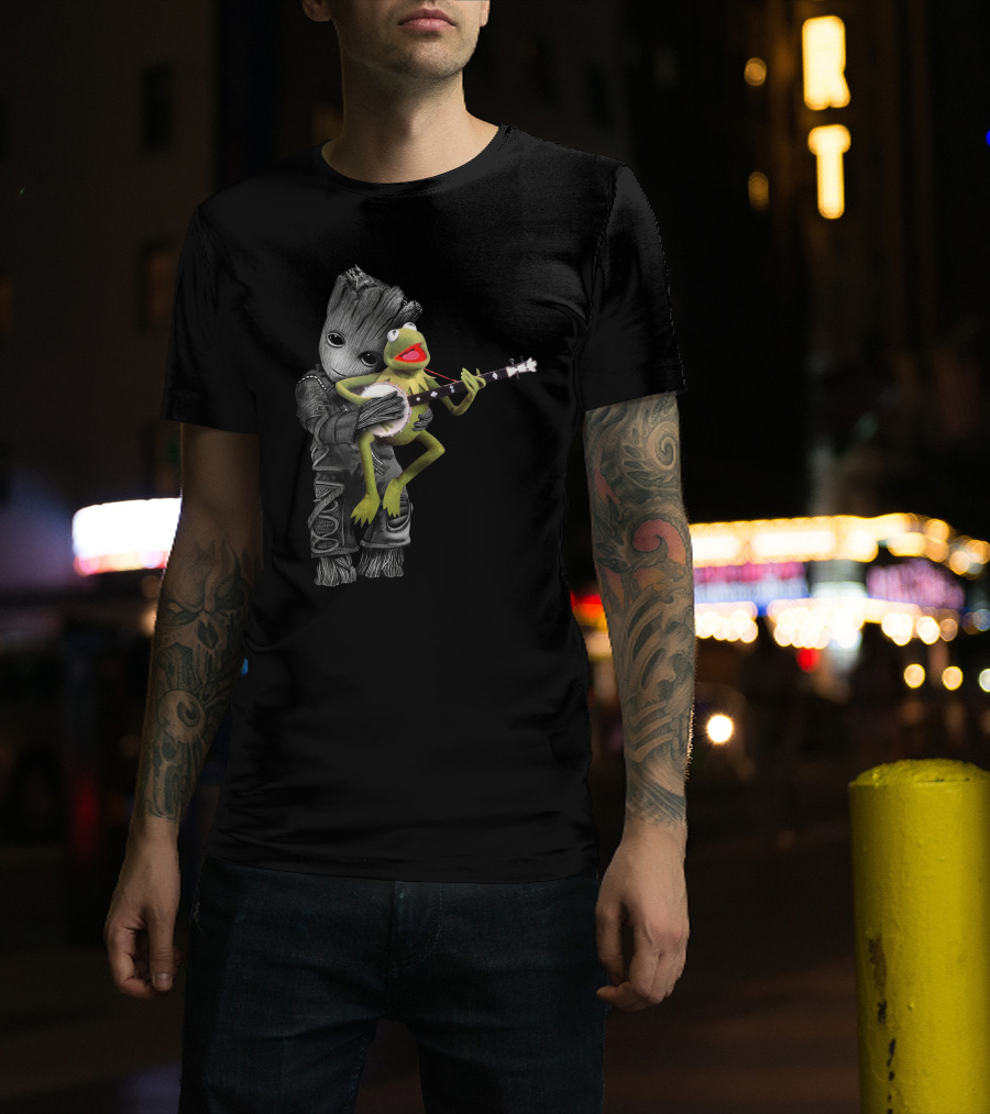 Groot Hugging Kermit Playing Banjo T-Shirt