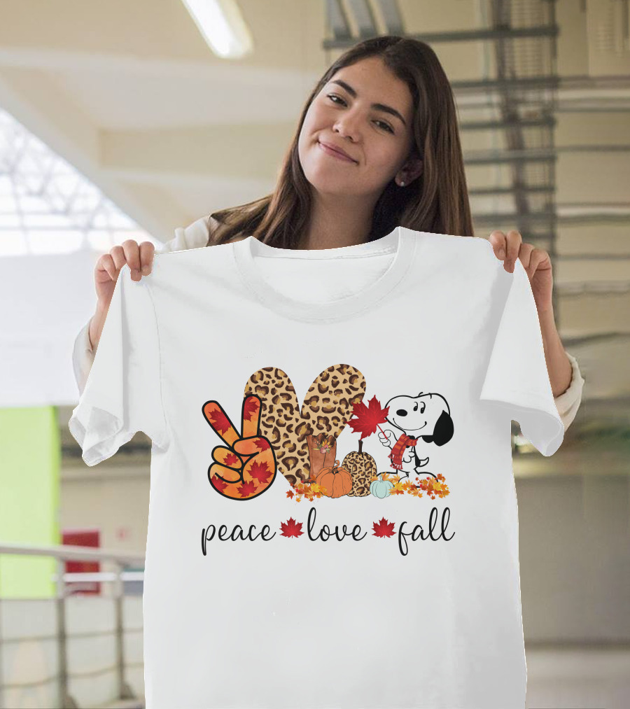 Peace Love Fall Snoopy Leopard Print Pumpkin Leaves T-Shirt