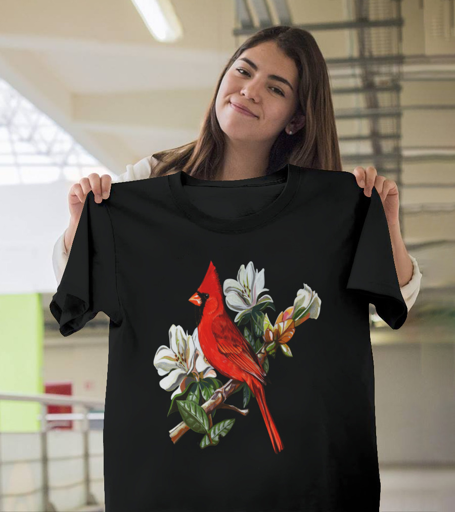 Cardinal Perched Among Magnolia Blossoms on Branch T-Shirt
