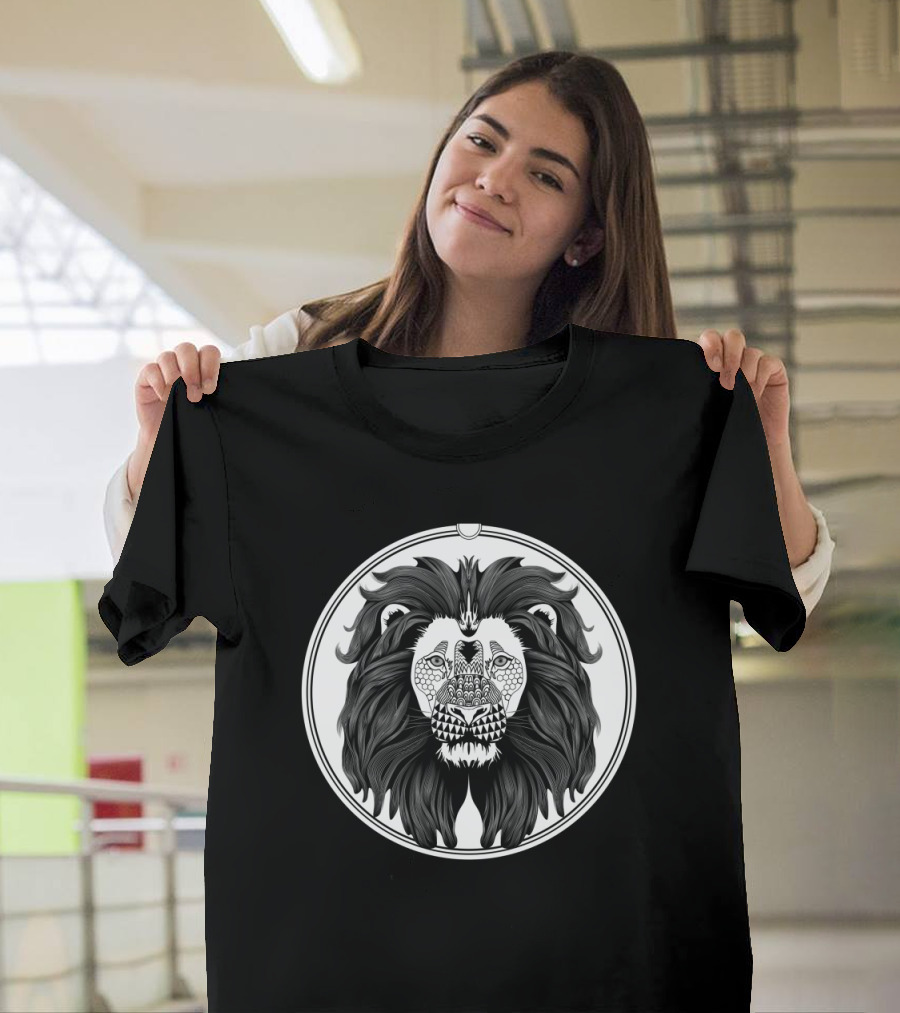 Aslan Black and White Intricate Lion Face T-Shirt
