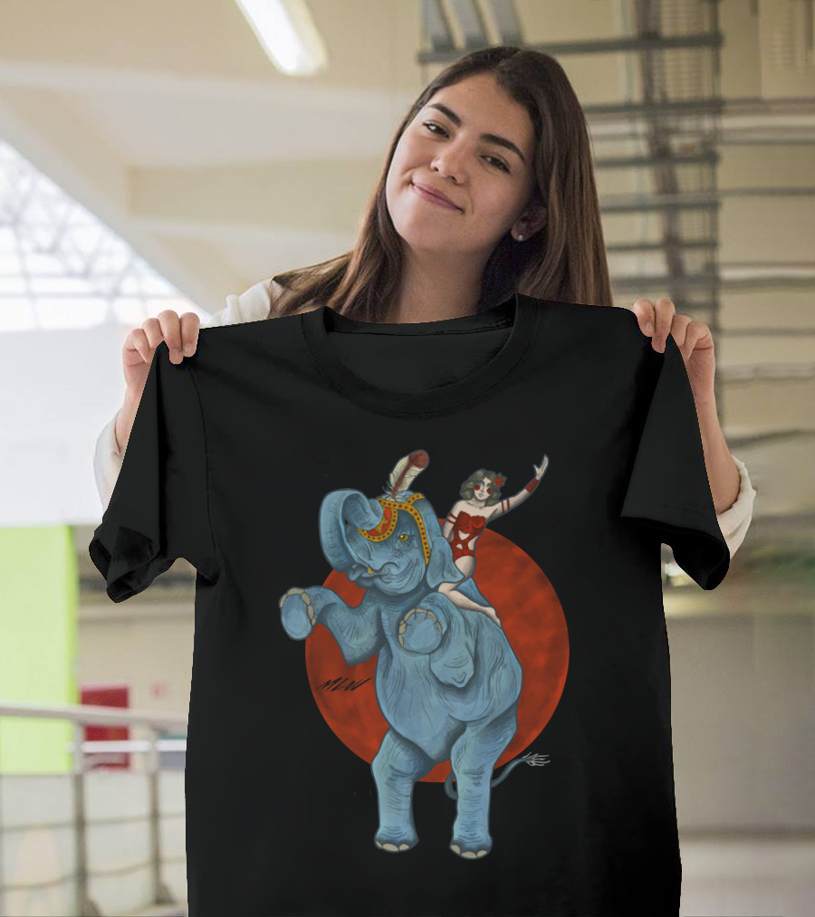Riding Performer on Blue Elephant with Feathered Headpiece - Circus de Elephant T-Shirt