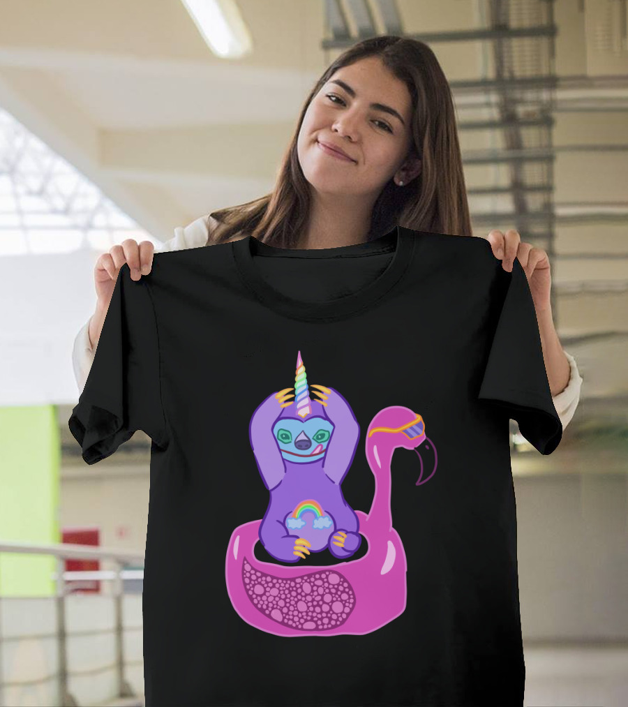 Adorable Sloth icorn Rainbow Flamingo Float T-Shirt