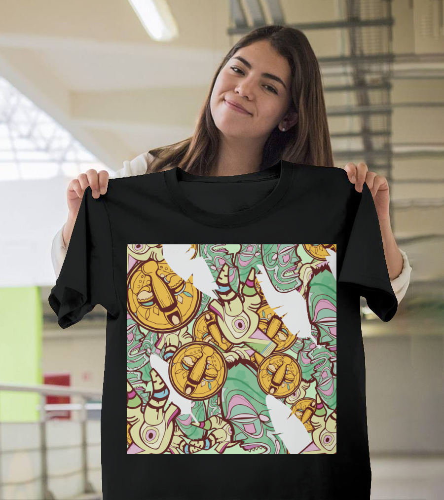 Mask Factory Day Edition Abstract Pattern Yellow Symbols and Green Twisted T-Shirt