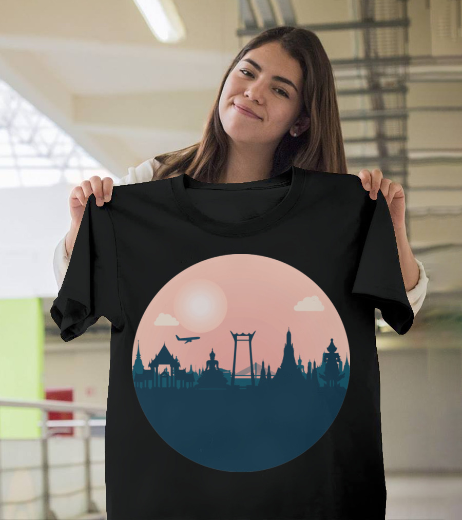 Temple Bouddhai Thai Silhouette with Plane at Sunset T-Shirt