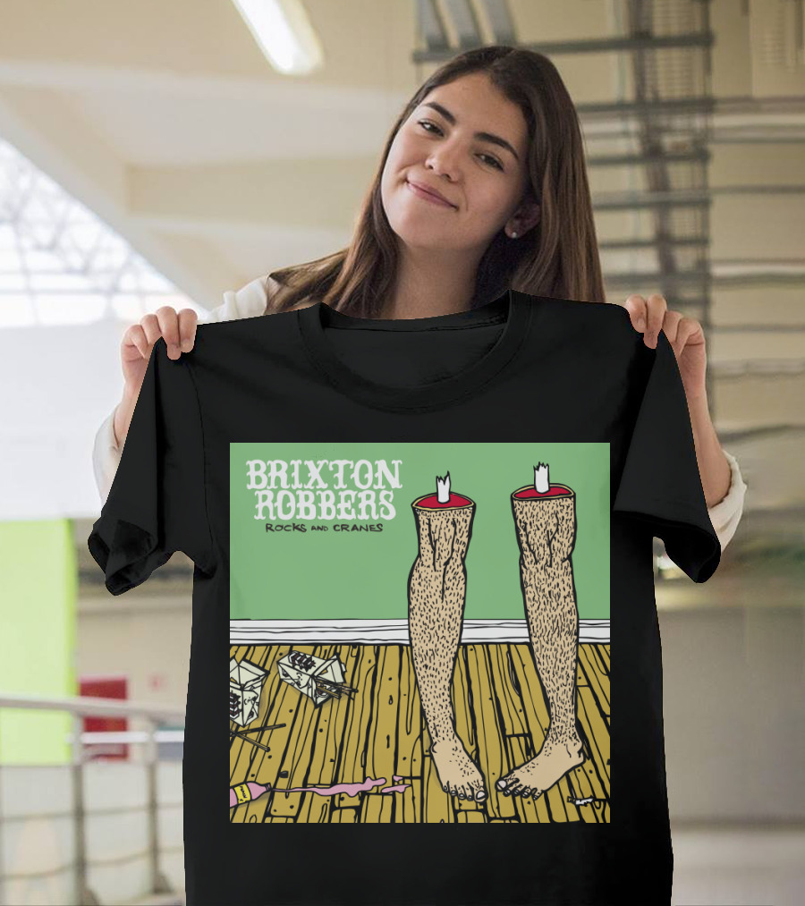 Brixton Robbers Rocks and Cranes Album Cover with Standing Legs on Wooden Floor and Origami Cranes T-Shirt