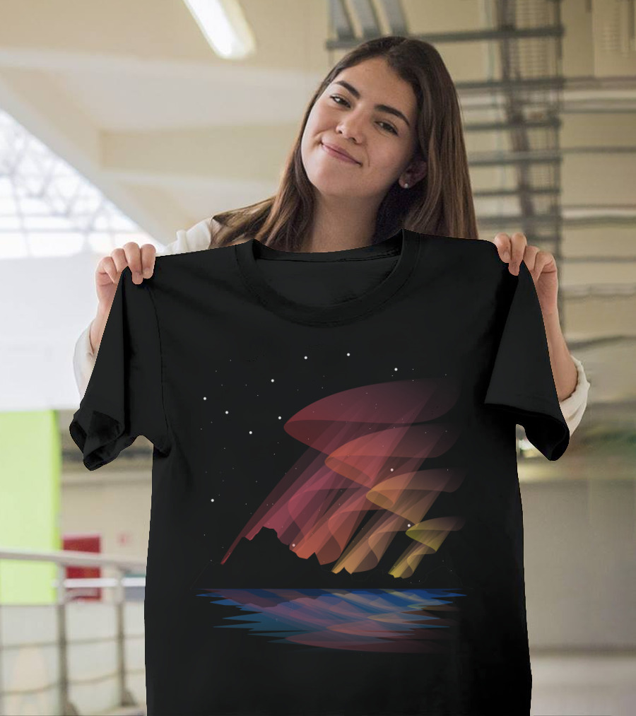Mesmerizing Aurora Borealis Over Mountainous Landscape and Reflective Lake T-Shirt