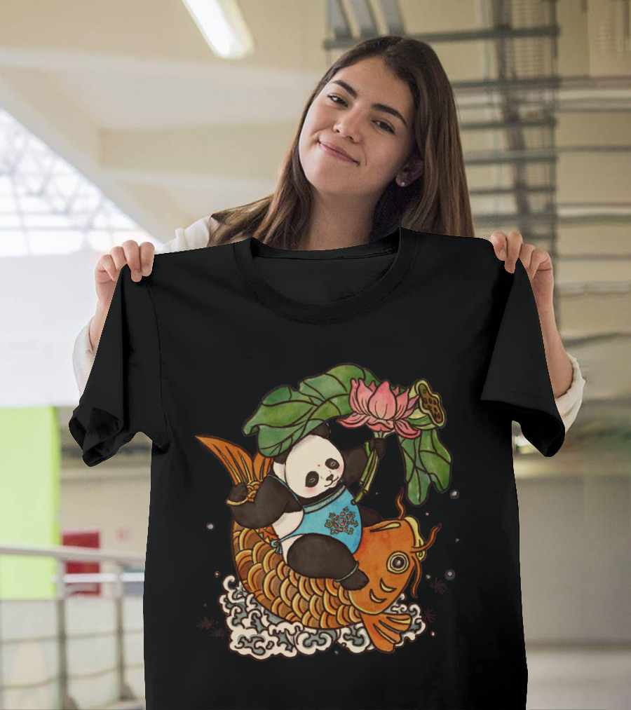 Panda Holding Lotus on Koi Fish with Abundance Year After Year T-Shirt
