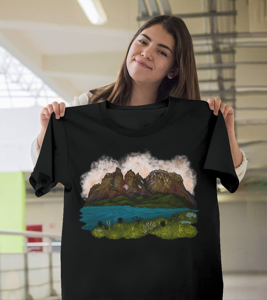 Cuernos del Paine Scenic Mountain Landscape with Lake and Vibrant Greenery T-Shirt
