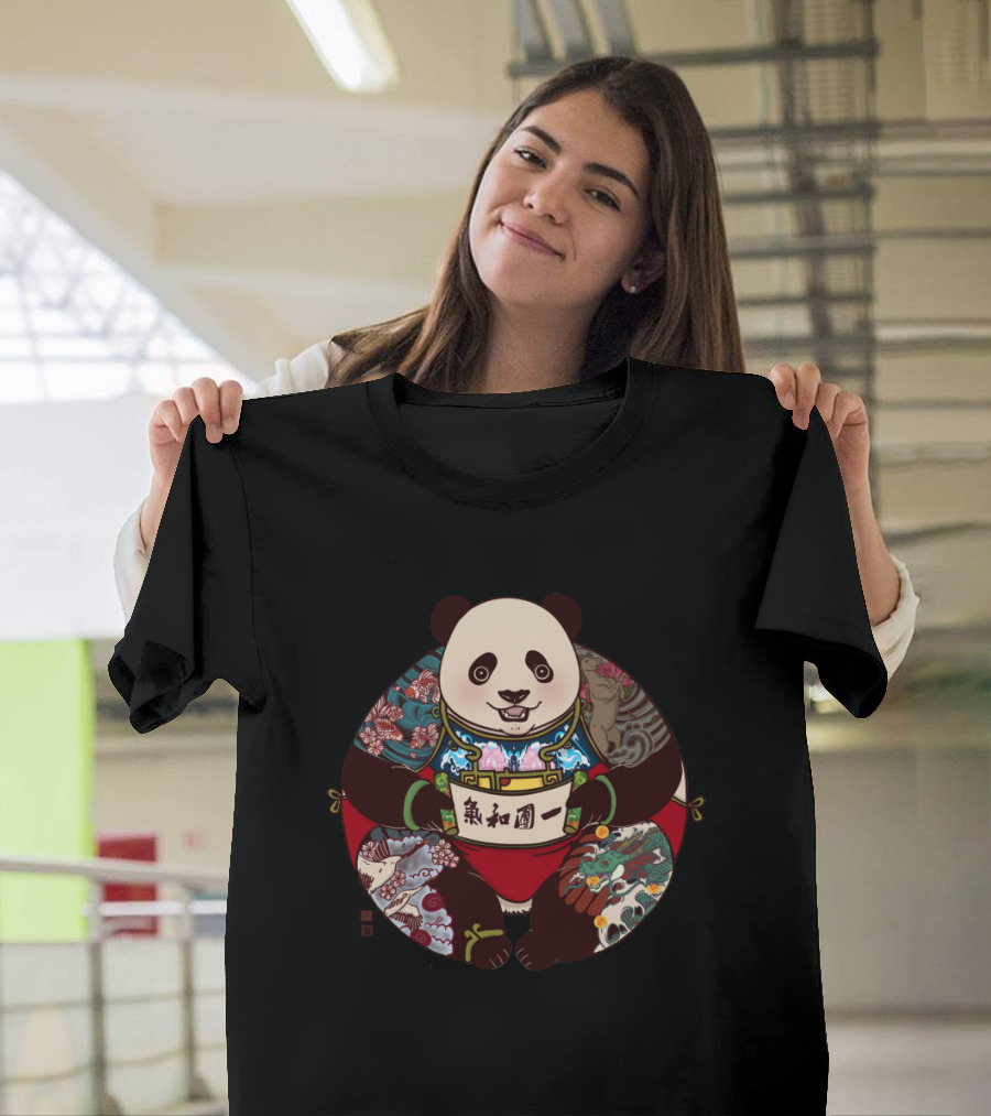 Panda Embrace with Colorful Dragon and Floral Patterns in Circle of Harmony T-Shirt