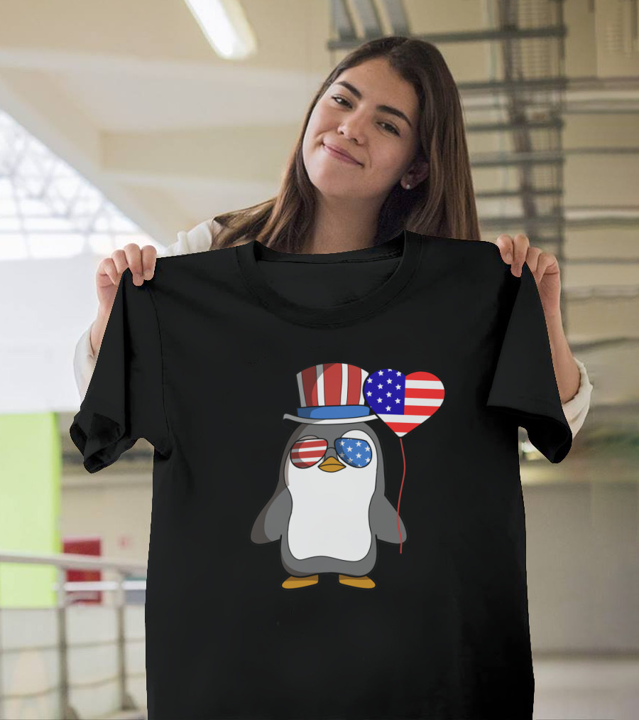 Patriot Penguin July 4th American Independence Day USA Flag Hat Balloon and Sunglasses T-Shirt
