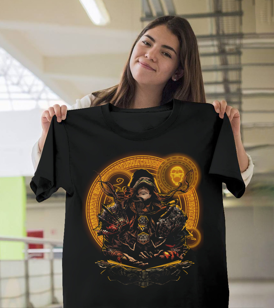 Mysterious Warrior in Hooded Cloak with Dark Magic Runes and Skull T-Shirt