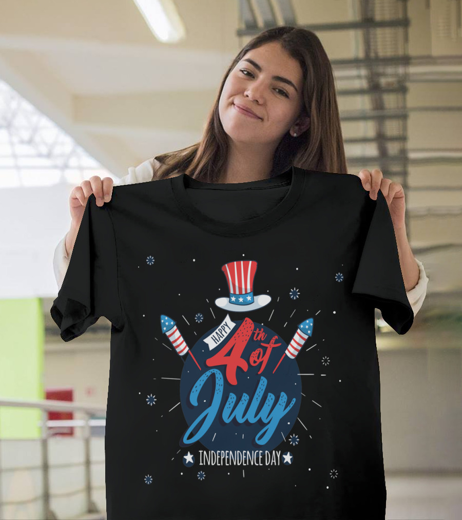Happy 4th of July Independence Day with Patriotic Hat and Fireworks T-Shirt