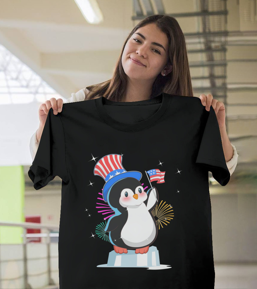 Patriot Penguin with American Flag and Fireworks Independence T-Shirt