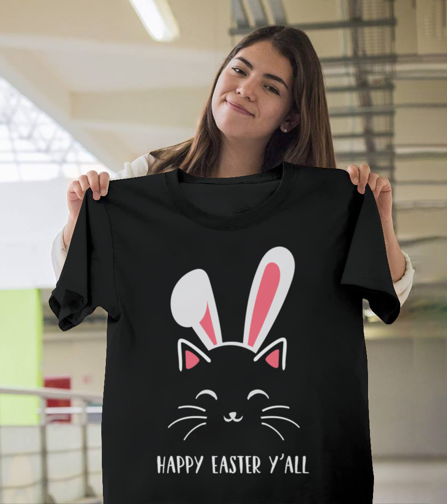 Feliz Pascua Y'all Gato con Orejas de Conejo Divertido para el Día de los Inocentes Abril T-Shirt