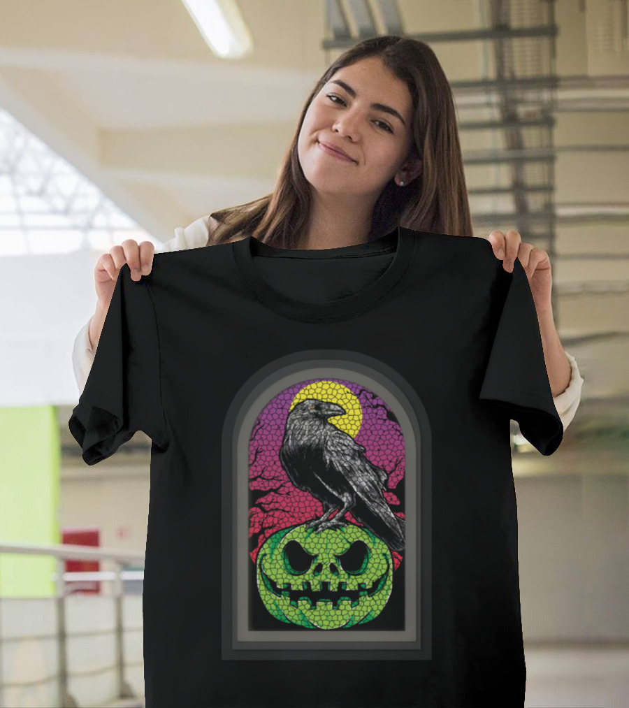 Spooky Stained Glass Halloween Pumpkin and Crow with Moon Background T-Shirt