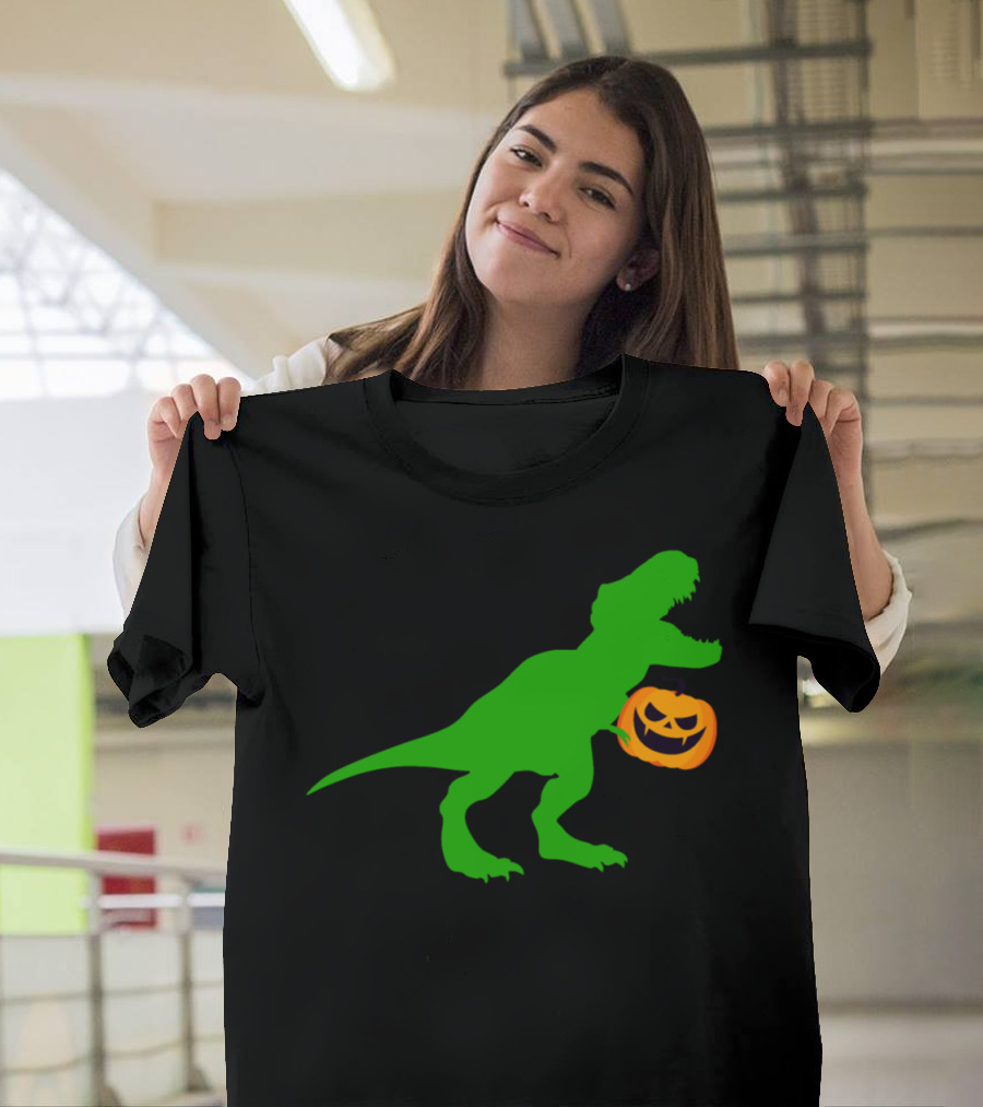 Green T-Rex Holding Jack-o'-Lantern Above Rawr Text T-Shirt