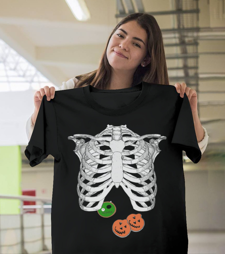 Halloween Trick o Treat Skeleton Ribcage with Green and Orange Donuts T-Shirt