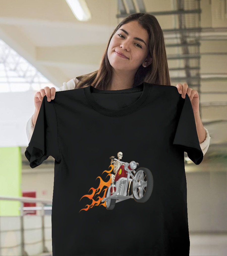 Skeleton Motorcycle Rider with Flaming Trail T-Shirt