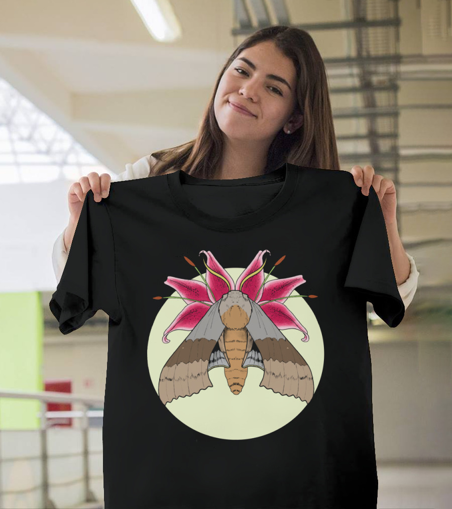 Moth and Lily Blossom Emblem Circle T-Shirt