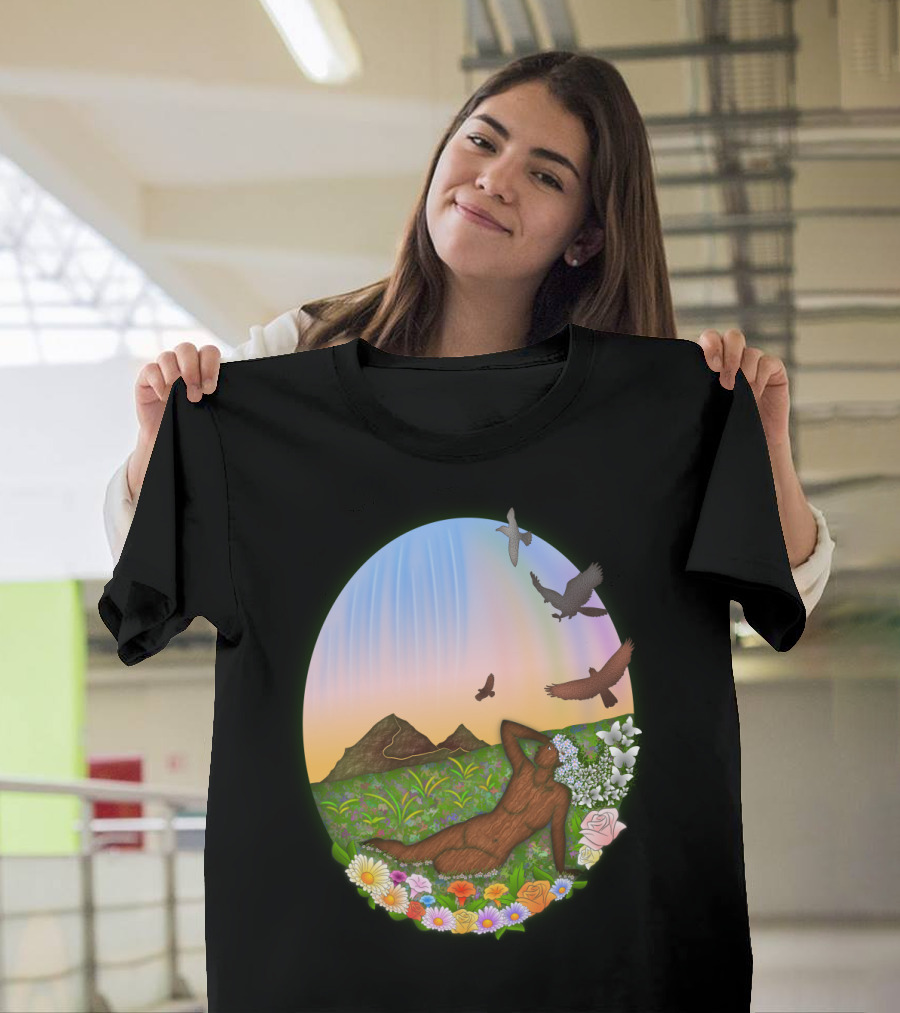 Mother Nature Relaxing Among Vibrant Flowers and Soaring Birds at Sunrise T-Shirt