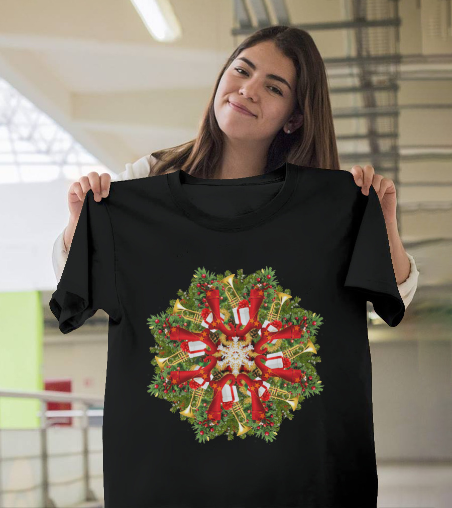 Red Trumpets and Evergreen Reindeer Christmas Mandala T-Shirt