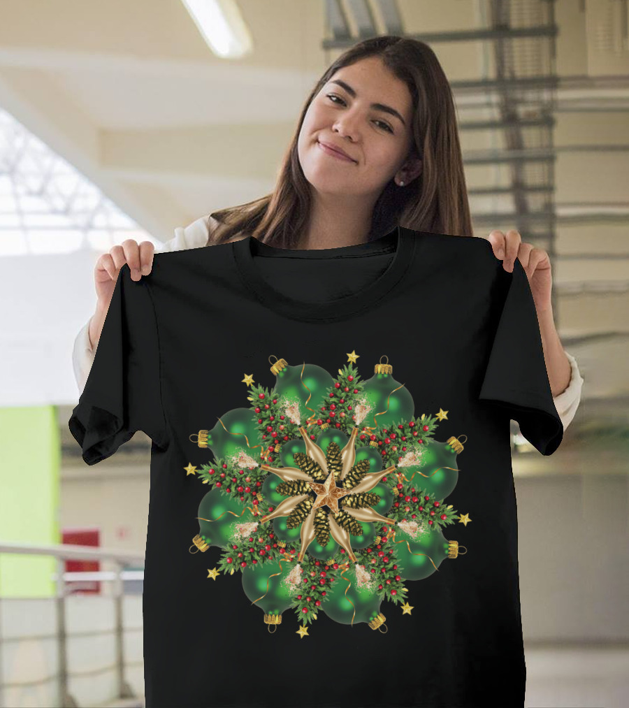 New Year Mandala with Green Ornaments and Christmas Tree Elements T-Shirt