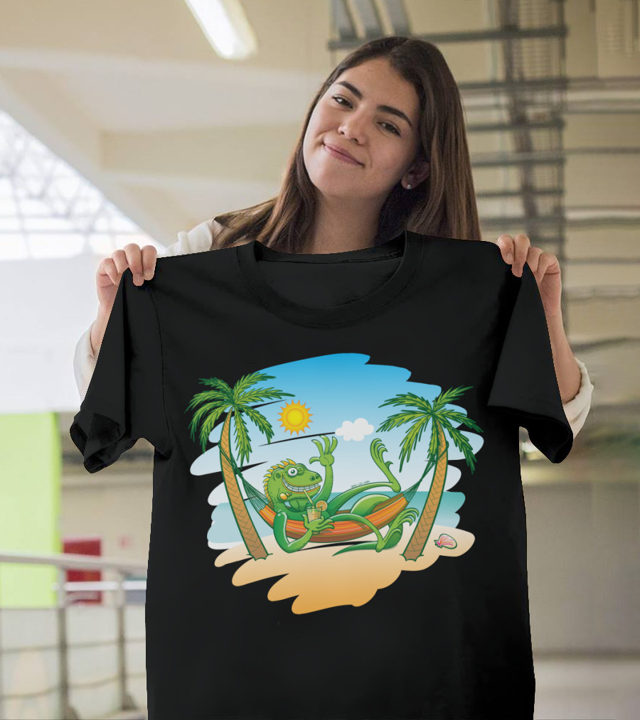 Iguana Relaxing in Hammock Between Palm Trees on Sunny Beach Scene T-Shirt
