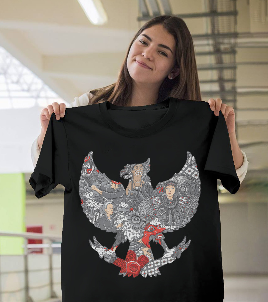 Amazing Indonesia Culture in Garuda Silhouette with Traditional Patterns and Iconic Figures T-Shirt