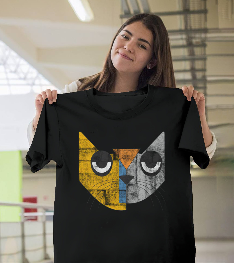 Cubicat Tired Geometric Cat Face with Color Blocks and Whiskers T-Shirt