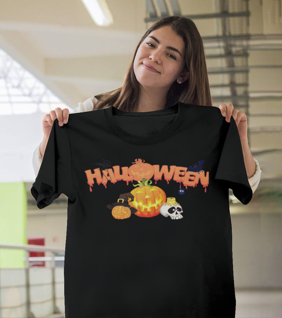 Halloween Pumpkin Skull Witch Hat Bat Spider Spiderweb T-Shirt