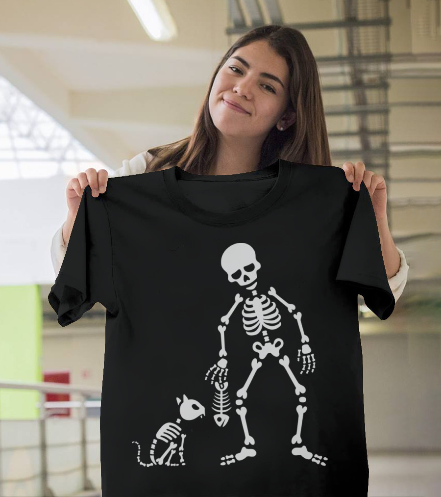 Cat and Skeleton with Fish Bone Skeleton T-Shirt