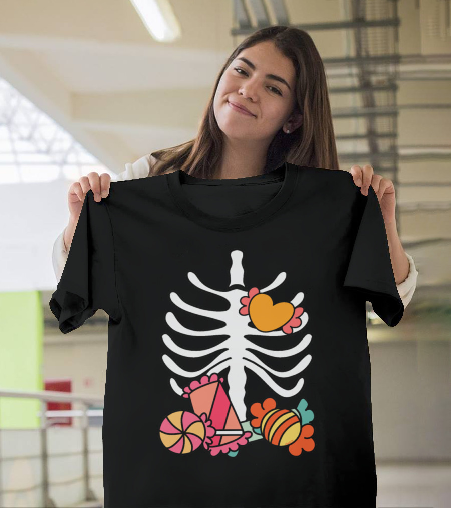 Skeleton Rib Cage Colorful Halloween Candies and Heart T-Shirt