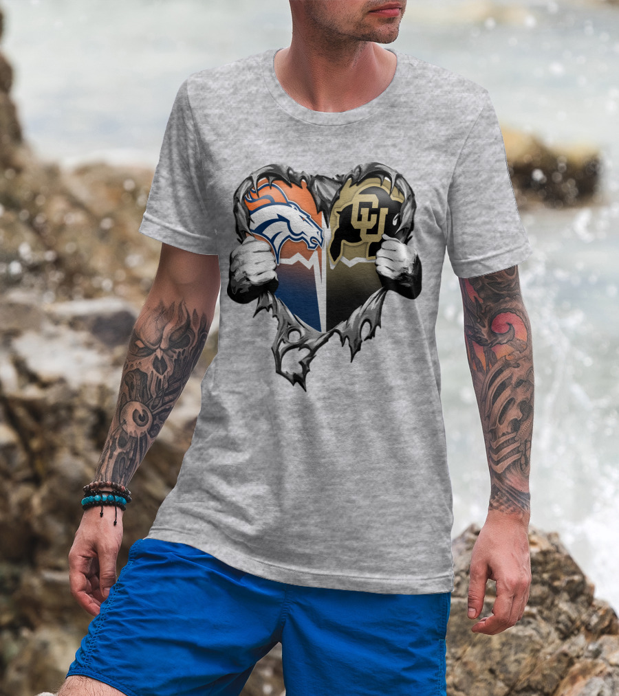 Denver Broncos And Colorado Buffaloes Heart Logo Rip T-Shirt