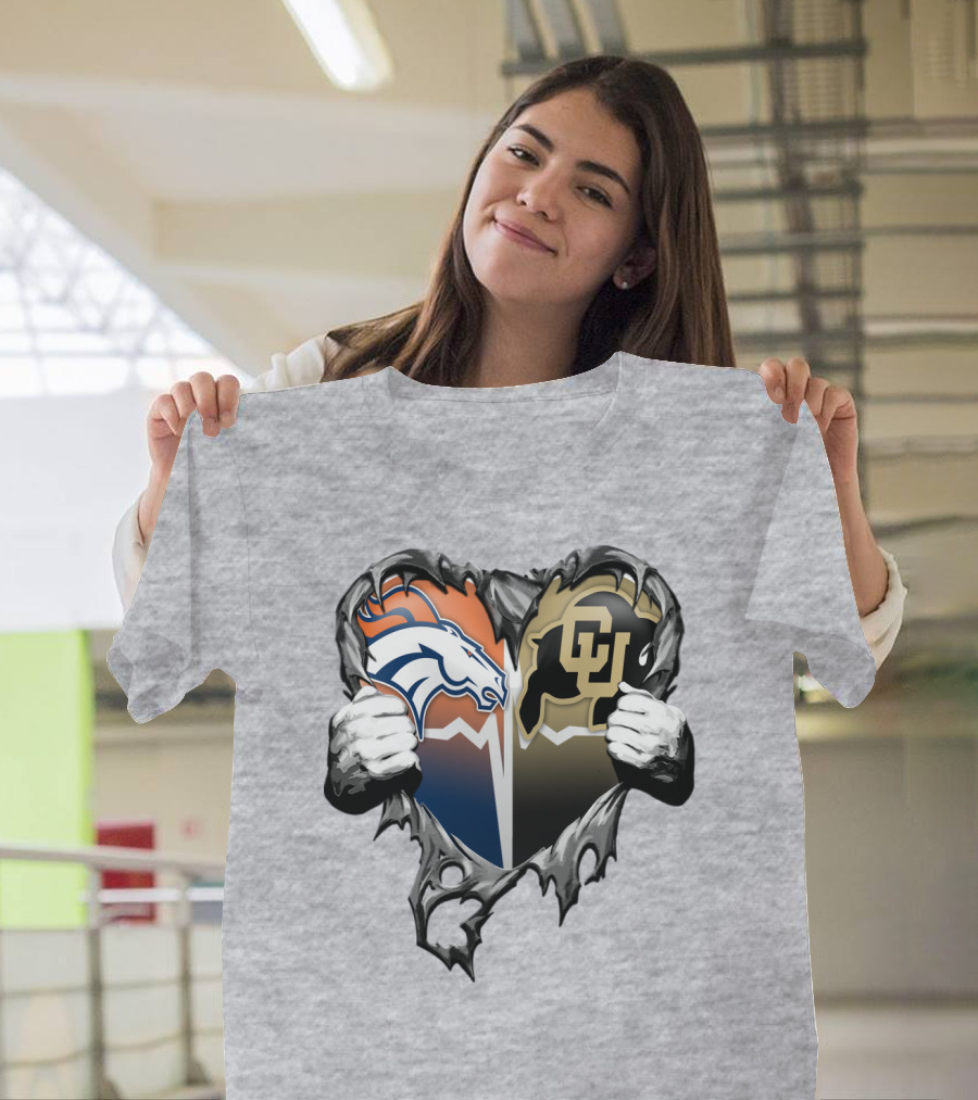 Denver Broncos And Colorado Buffaloes Heart Logo Rip T-Shirt