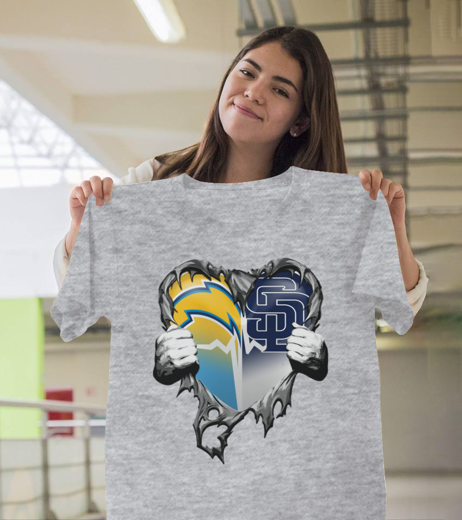 Los Angeles Chargers San Diego Padres Heart Logo Fusion T-Shirt