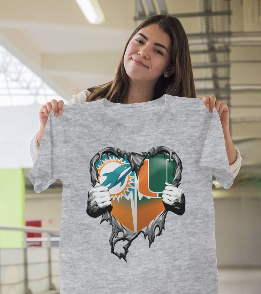 Miami Dolphins And Miami Hurricanes Heart T-Shirt