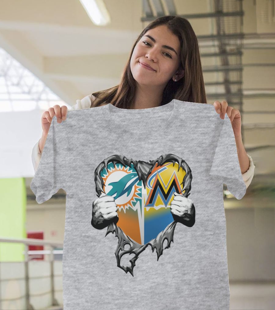 Miami Dolphins Miami Marlins Heart T-Shirt
