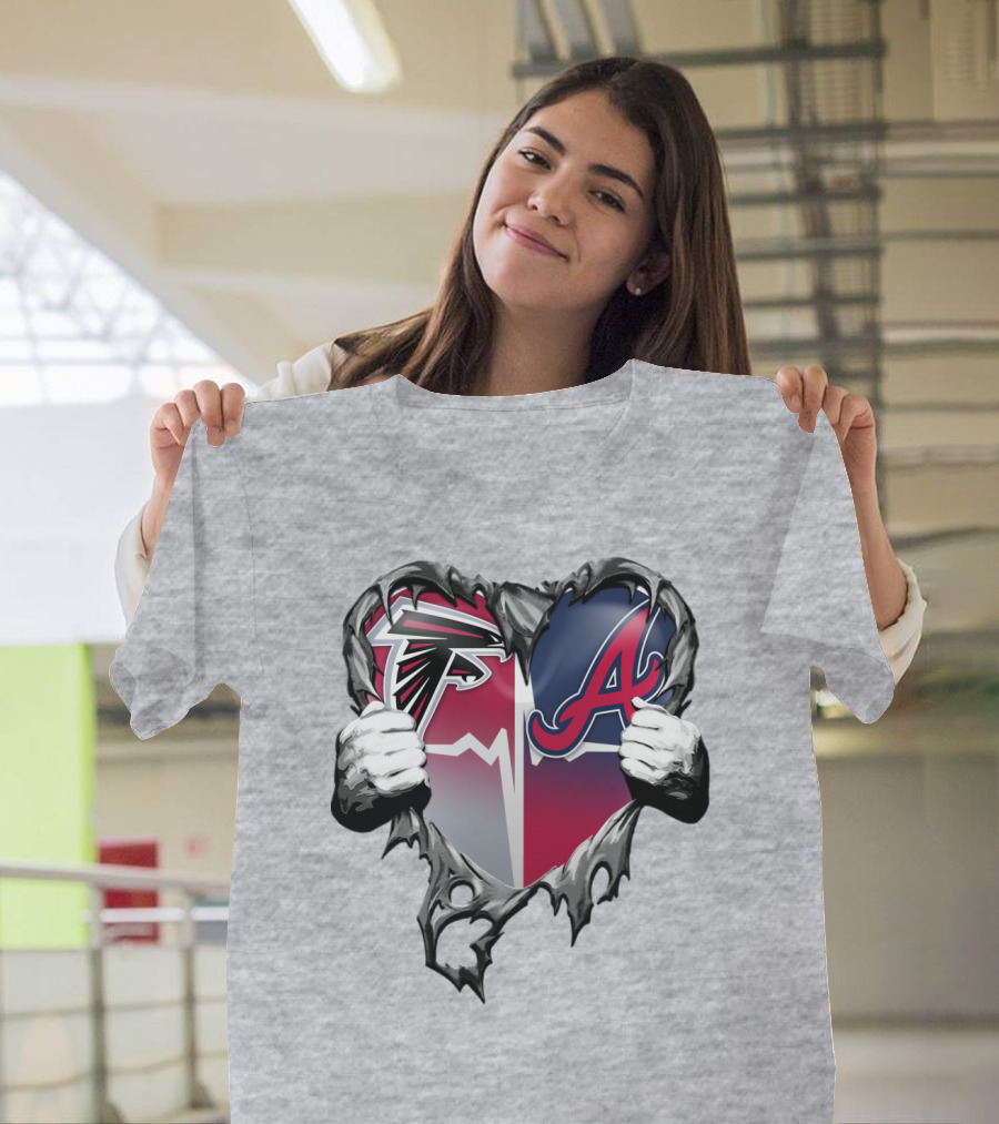 Falcons Braves Heart Design With Ripped Effect And Hands T-Shirt