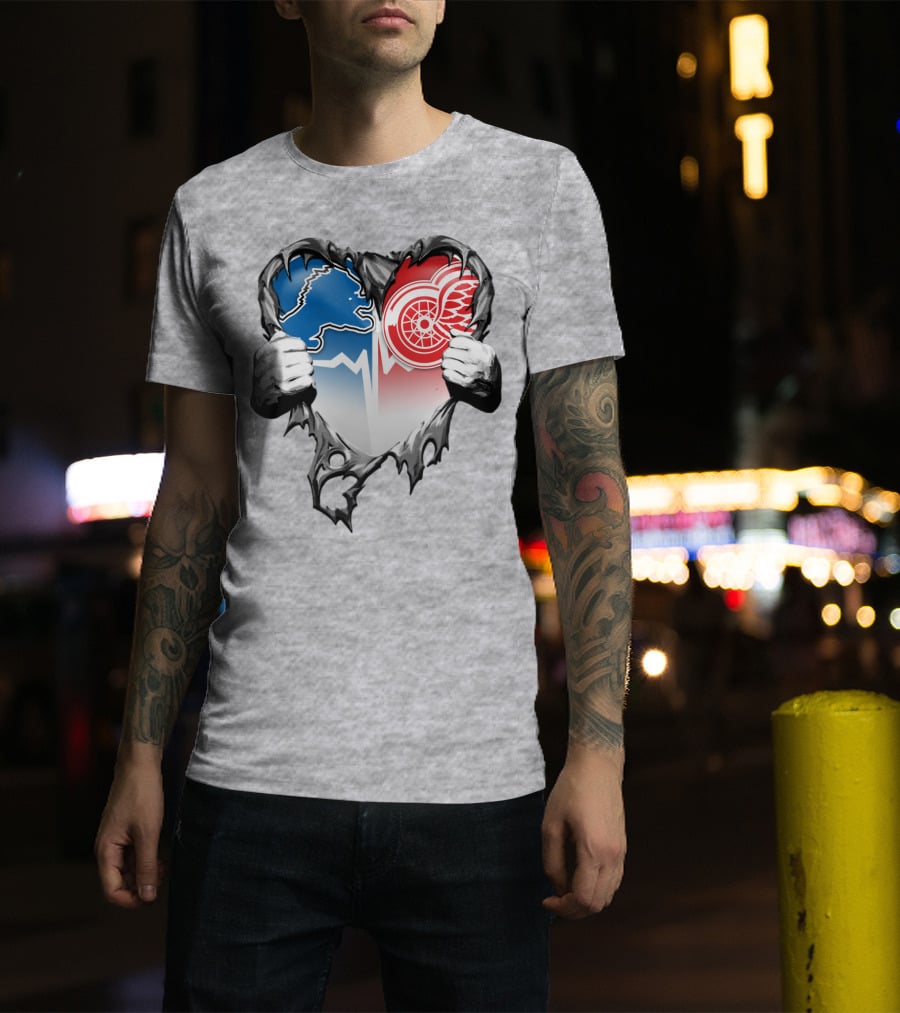 Xatt073 Detroit Lions Red Wings Heart Rip T-Shirt