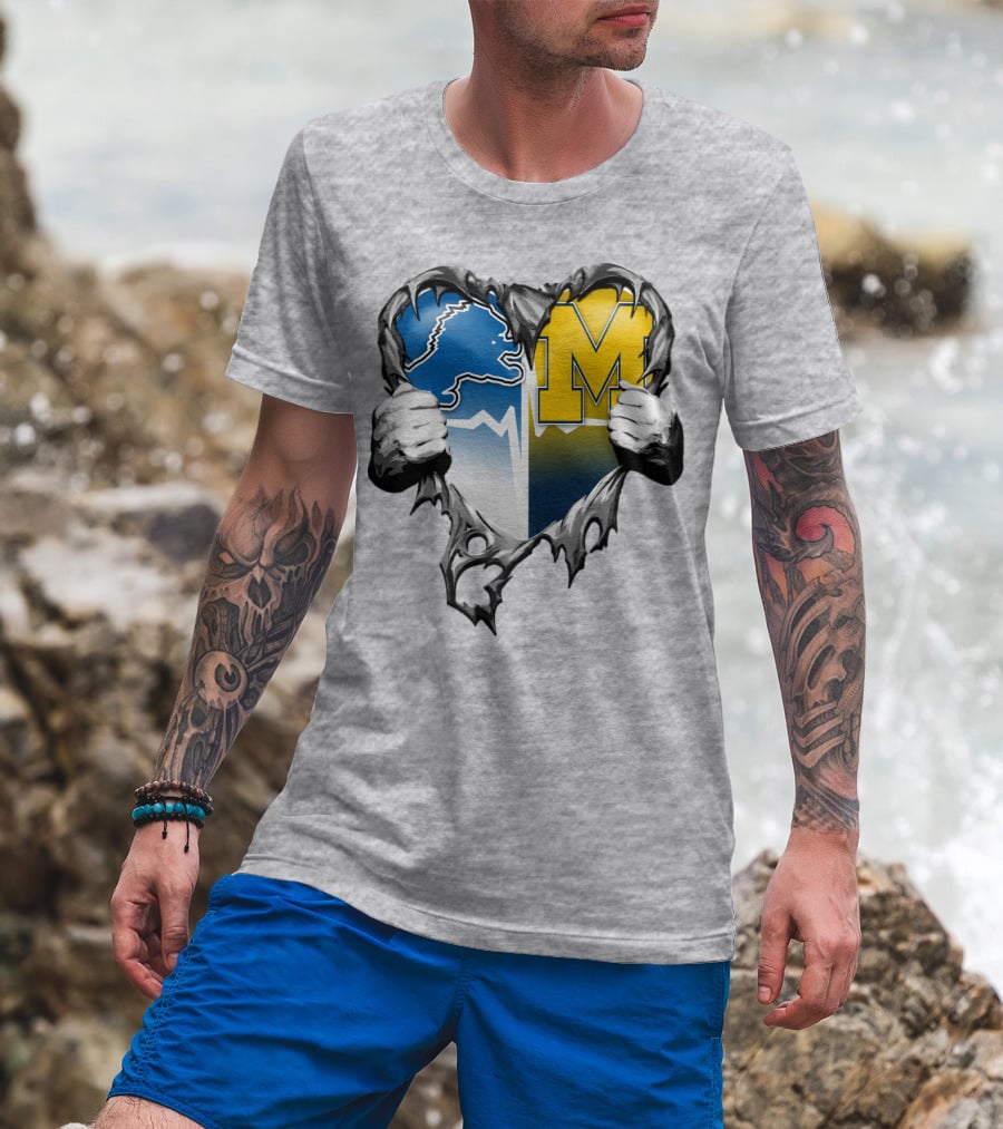 Detroit Lions And Michigan Wolverines Split Heart T-Shirt