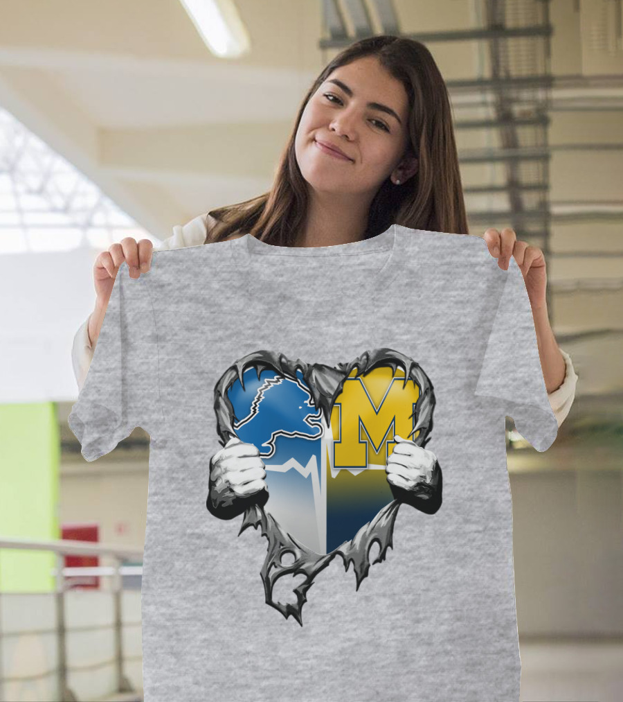 Detroit Lions And Michigan Wolverines Split Heart T-Shirt