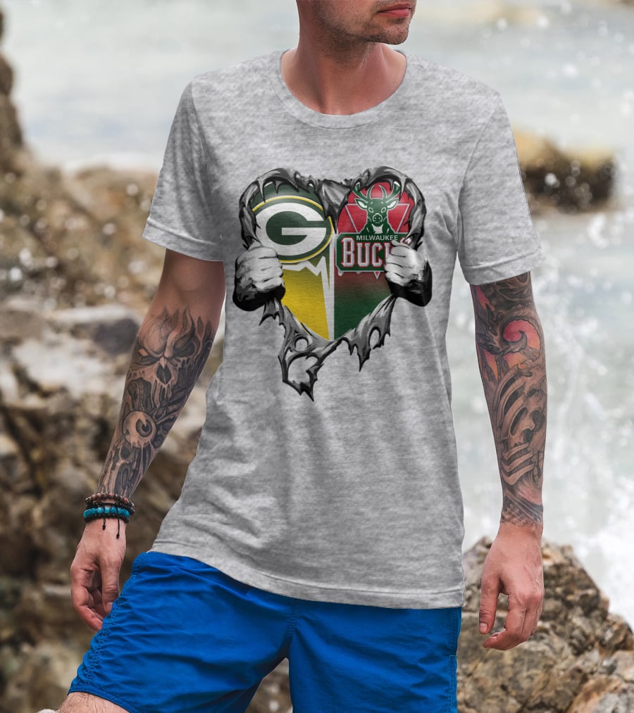 Green Bay Packers Milwaukee Bucks Heart T-Shirt