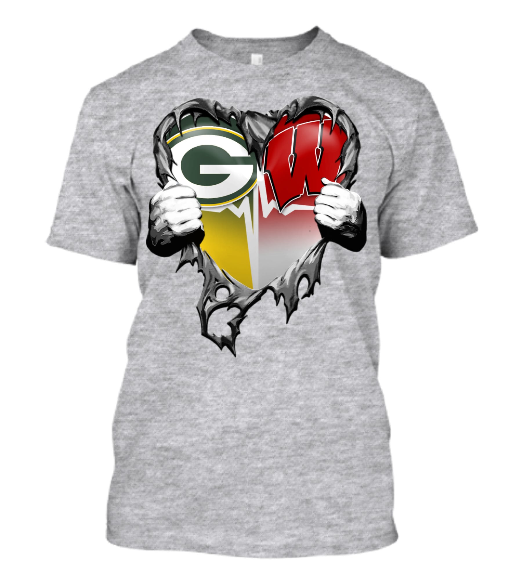 Green Bay Packers And Wisconsin Badgers Rip Heart T-Shirt